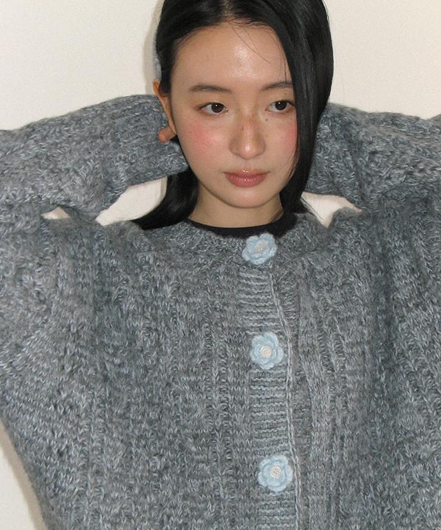 RONRON Handmade Flower Button Knit Cardigan Gray