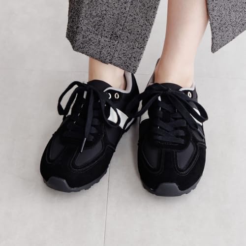 HIMIKO Flat Suede Combination Sneakers, Black, 657302, Comfortable Cushioned, 1.5cm Heel, Lace-Up, Black, Size 255