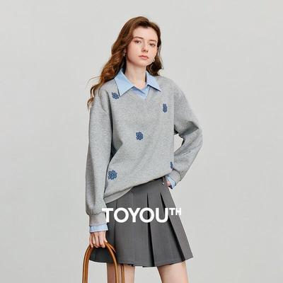 Chuyu Women's Faux Two-Piece Denim Floral Sweatshirt