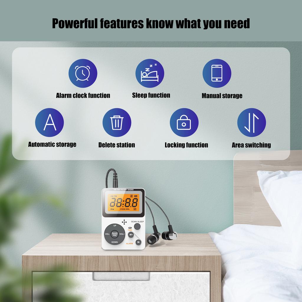 Pocket AM FM Radio Portable Reception Battery Powered Digital Tuning Radio with Stereo Earphone Large LCD Screen
