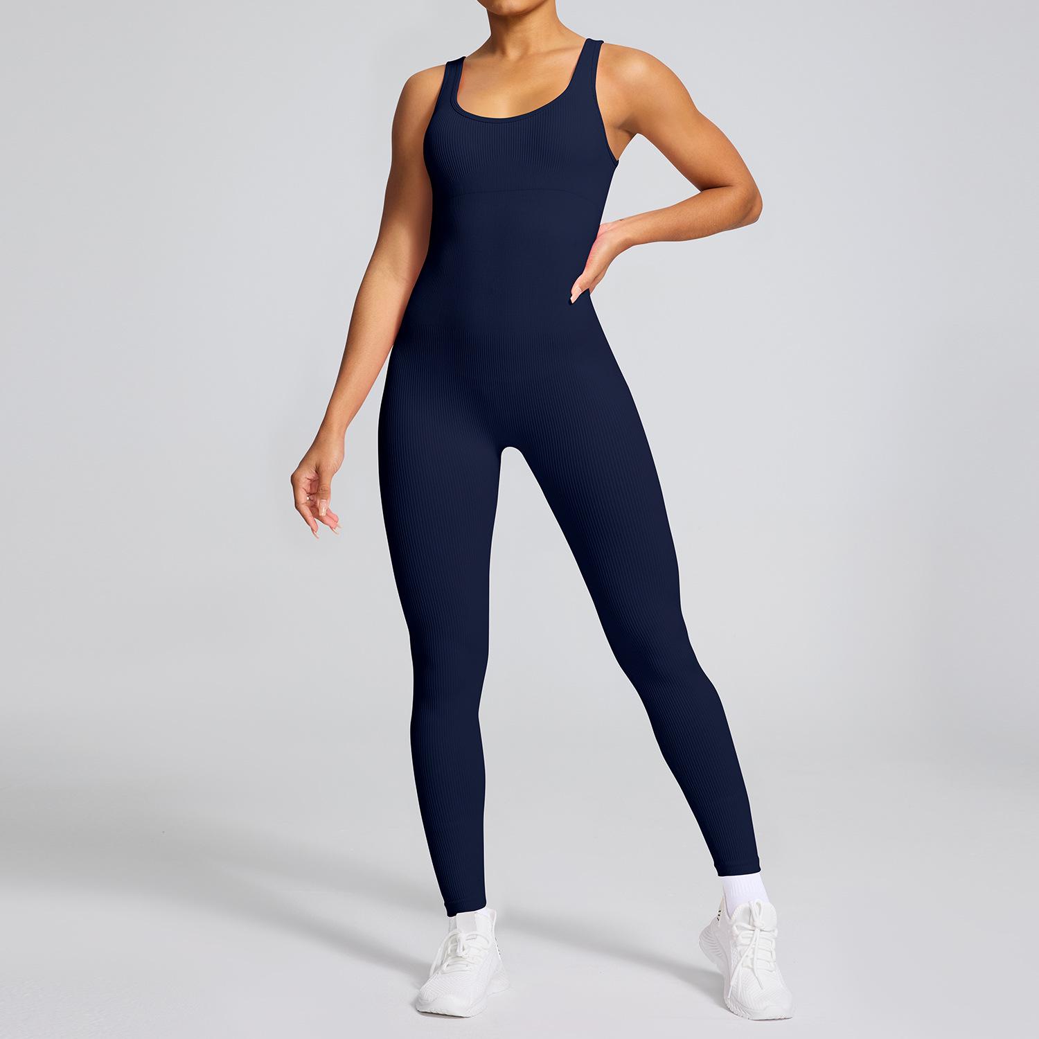 

Бесшовный боди для йоги с открытой спиной - Фитнес-комбинезон, поднимающий бедра, цельный для женщин Medium темно-синий