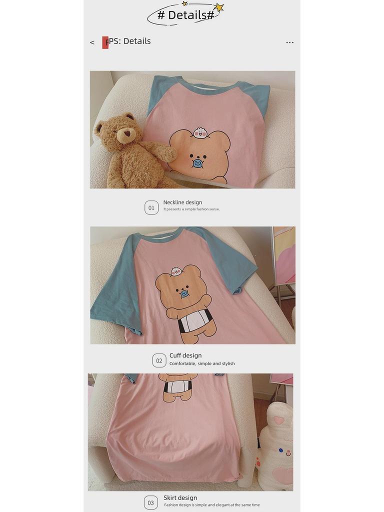 Women's Plus Size Cotton Nightdress - Cute Cartoon, Round Neck, Long Sleeve, Spring/Summer