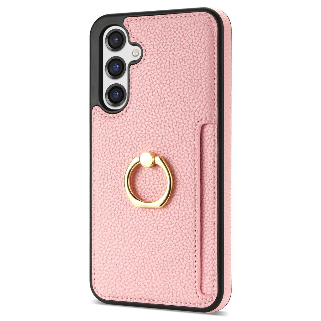 For Samsung Galaxy S23 FE Finger Ring Kickstand Phone Case PU Leather+TPU Card Holder Cover