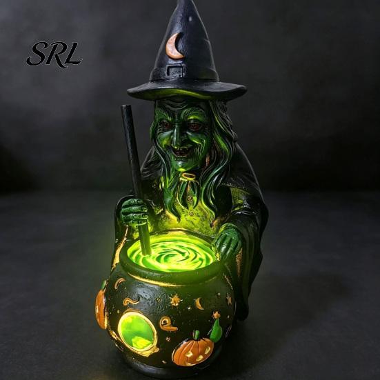Scary Witch Cauldron Ornament Halloween Lamp Figurine, Resin Witches Lighted-Up Festival Party Table Decor Cauldron, Supplies Shelf Fireplace