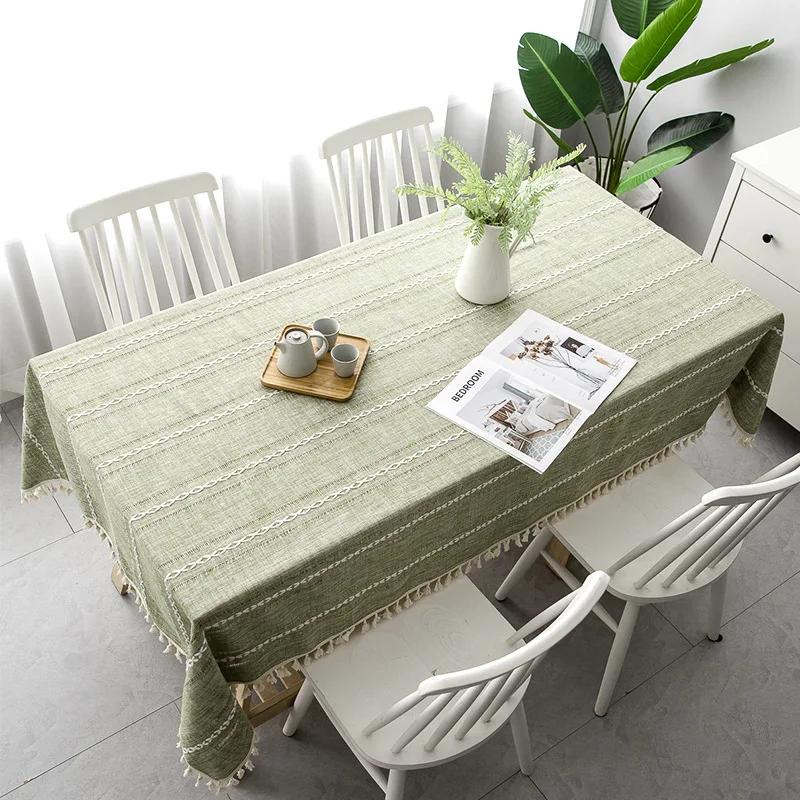 Cotton Linen Tablecloth Rectangle Dining Table Cover Wrinkle Free Farmhouse Fabric Cloth with Tassels Restaurant Party Decor