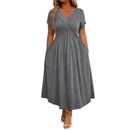 

Women s Casual Summer Midi Dress Twist Front Short Sleeve V Neck Swing Dress Beach Vacation A Line Flowy Long Dress XXXXL