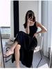 2024 Women's Black Spaghetti Strap Dress - French Style, Waist-Hugging, Hepburn Inspired, Square Neck, High Waist, Over-the-Knee Length