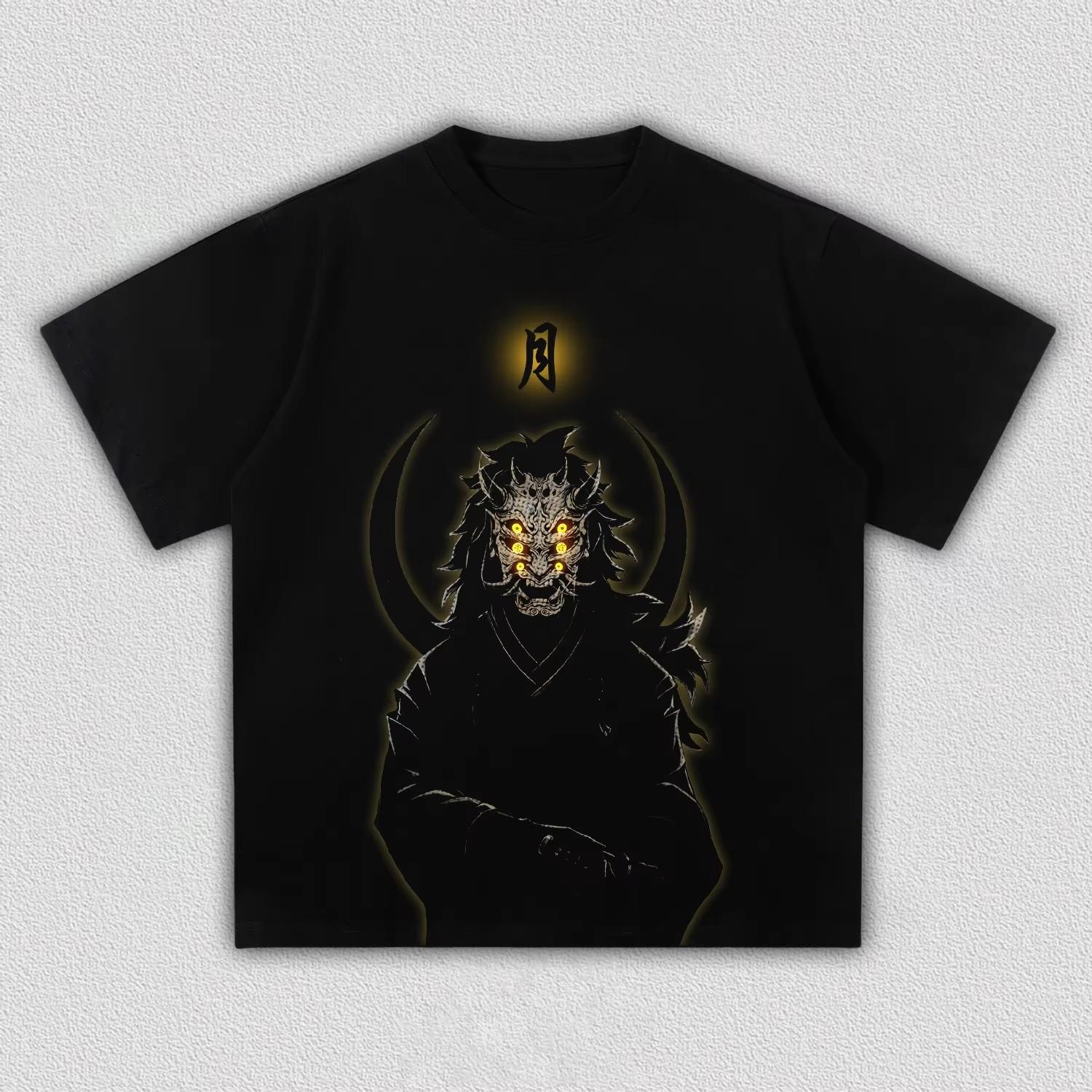 Unisex Vintage Demon Slayer Kokushibo Oni Mask Print T-Shirt, Dark Aesthetic Anime Casual Streetwear T-shirt 4XL