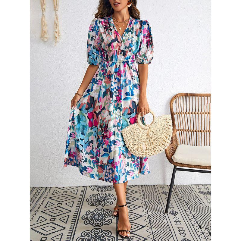 

Elegant Printed Dress 2025 Summer Fashion Female Fashion V Neck Elegance Temperament Printed Dress Green S