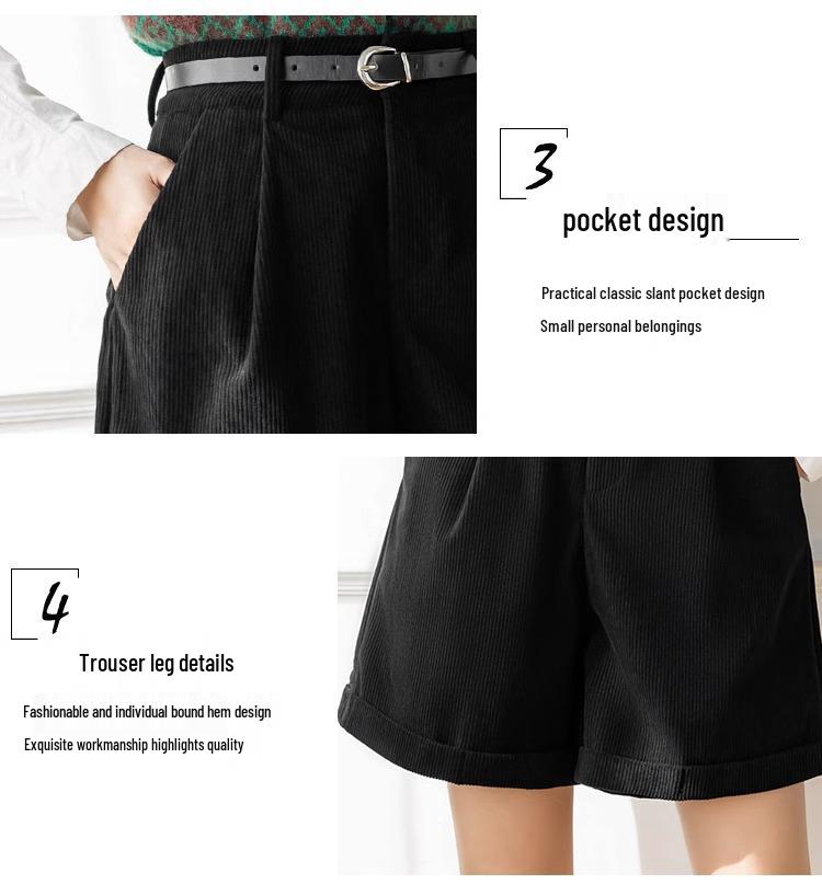 Plus Size High Waist Corduroy Shorts - Women's Autumn/Winter Wide Leg, Loose Casual Five-Point Shorts