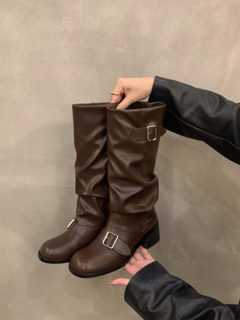 

Сапоги-трубы в стиле ретро на высоком каблуке, коричневые длинные рыцарские сапоги, женская обувь 2024 года, новые осенне-зимние брюки средней длины, длинные сапоги-трубы 40 коричневый