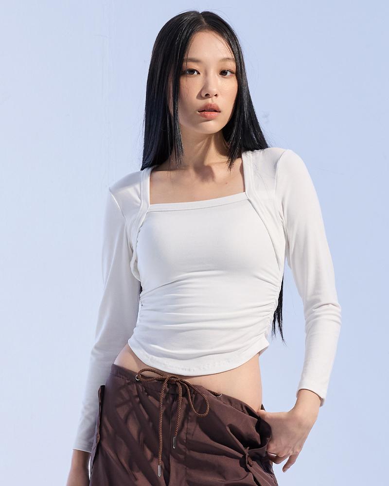 Moa Square Neck Shirred Long Sleeve (Ivory) Ivory/M