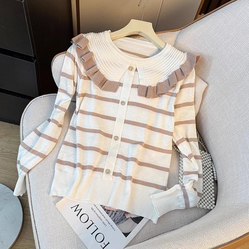 Sweet and Contrasting Color Striped Doll Neck Long-sleeved Knitted Sweater for Women's Autumn, Stylish, Loose and Youthful Pullover Top