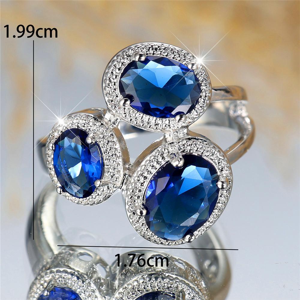 Luxury Female Blue Oval Finger Ring Vintage Silver Color Wedding Band Bridal  For Women