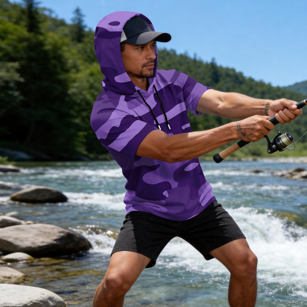 Men's Camouflage Print Raglan Sleeve Casual Sport Fishing Sun Protection Short Sleeve Hoodie Pullover Top for Outdoor Activities