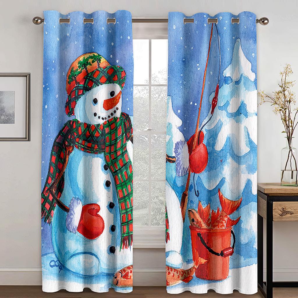 Christmas Decoration Curtain 3D Cartoon Santa Claus Christmas Tree Polyester Cloth Curtain Snowman Pattern Festive Atmosphere