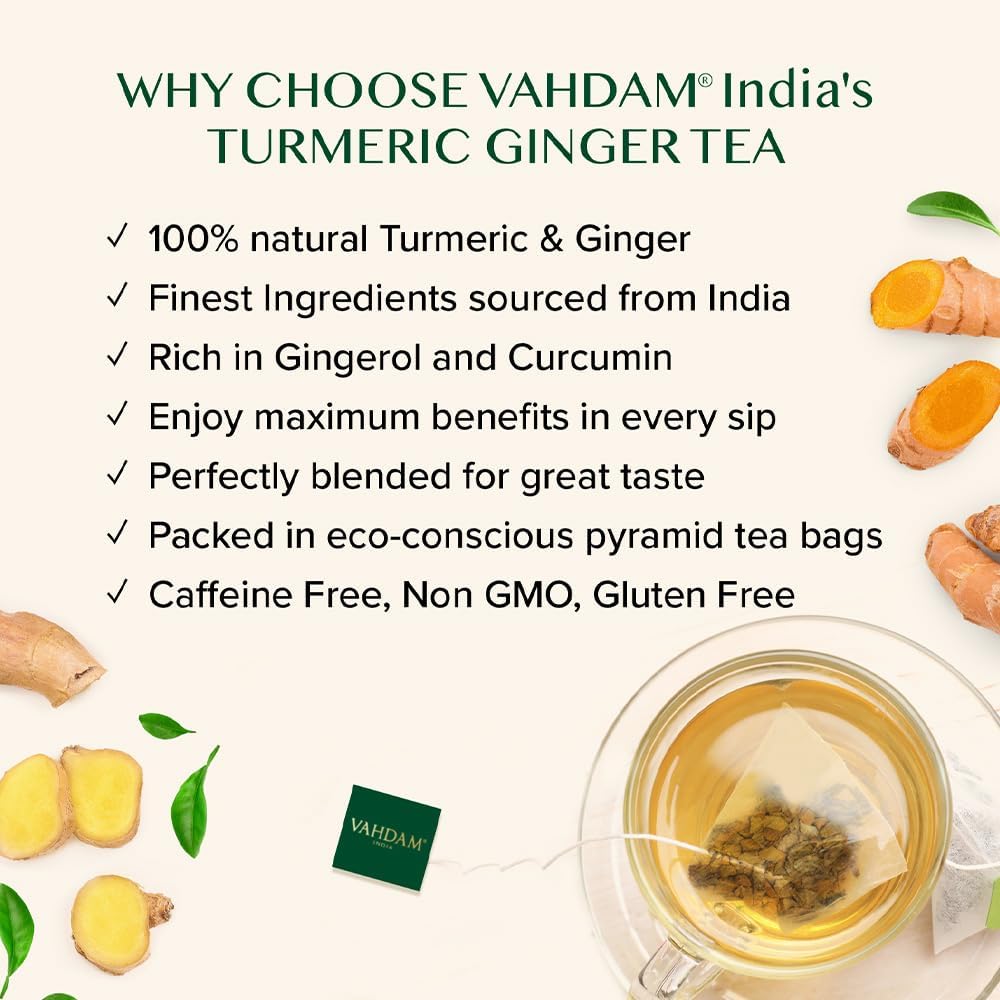 VAHDAM, Turmeric Ginger Infusion Bags (50 Bags) | Caffeine Free, Non-GMO, Gluten Free | Turmeric with Ginger - Savory & Spicy | Direct from Source