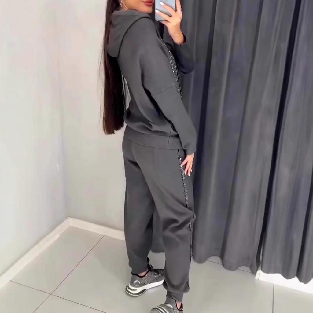 Women's Sets Plus Size Solid Color Long Sleeves with Pockets Rhinestone Hooded Sweatshirt Trousers 2 Piece Set Clothes Sale
