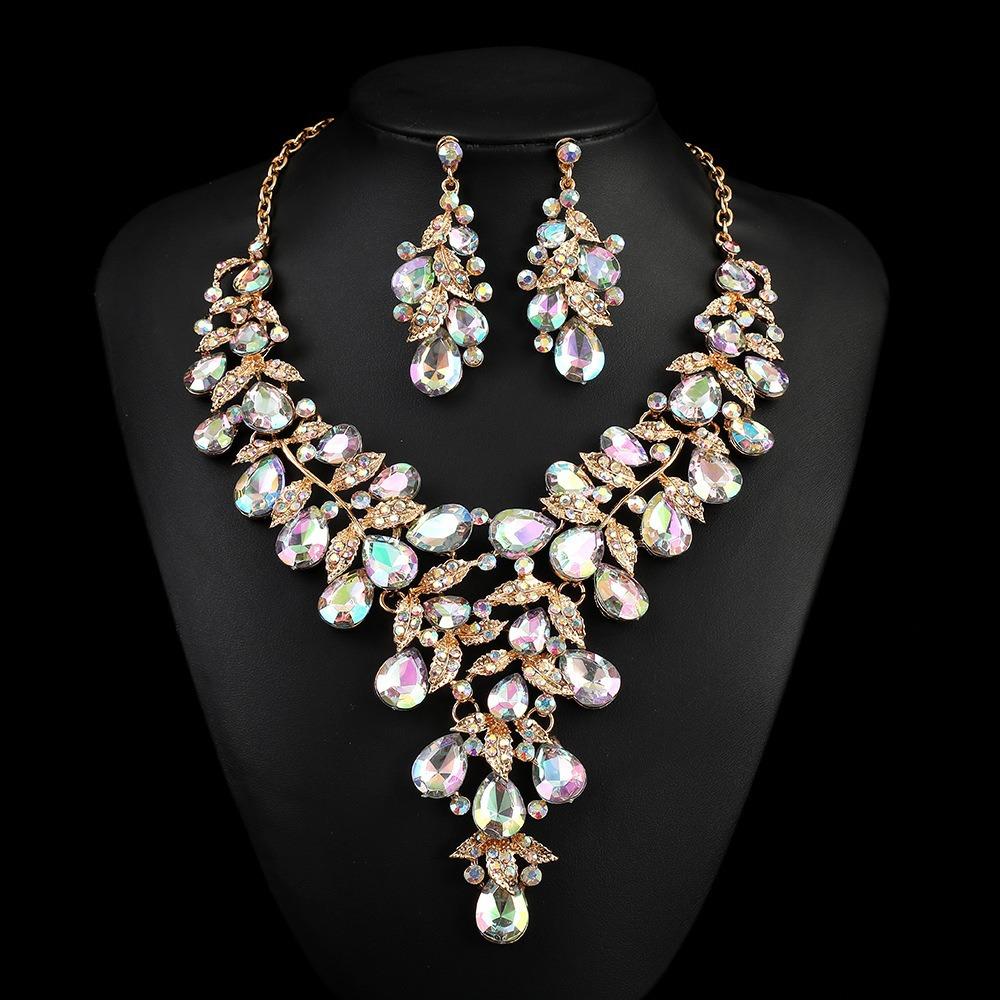 Exaggerated Rhinestone Necklace Earrings Set Women'S Dress Banquet Accessories