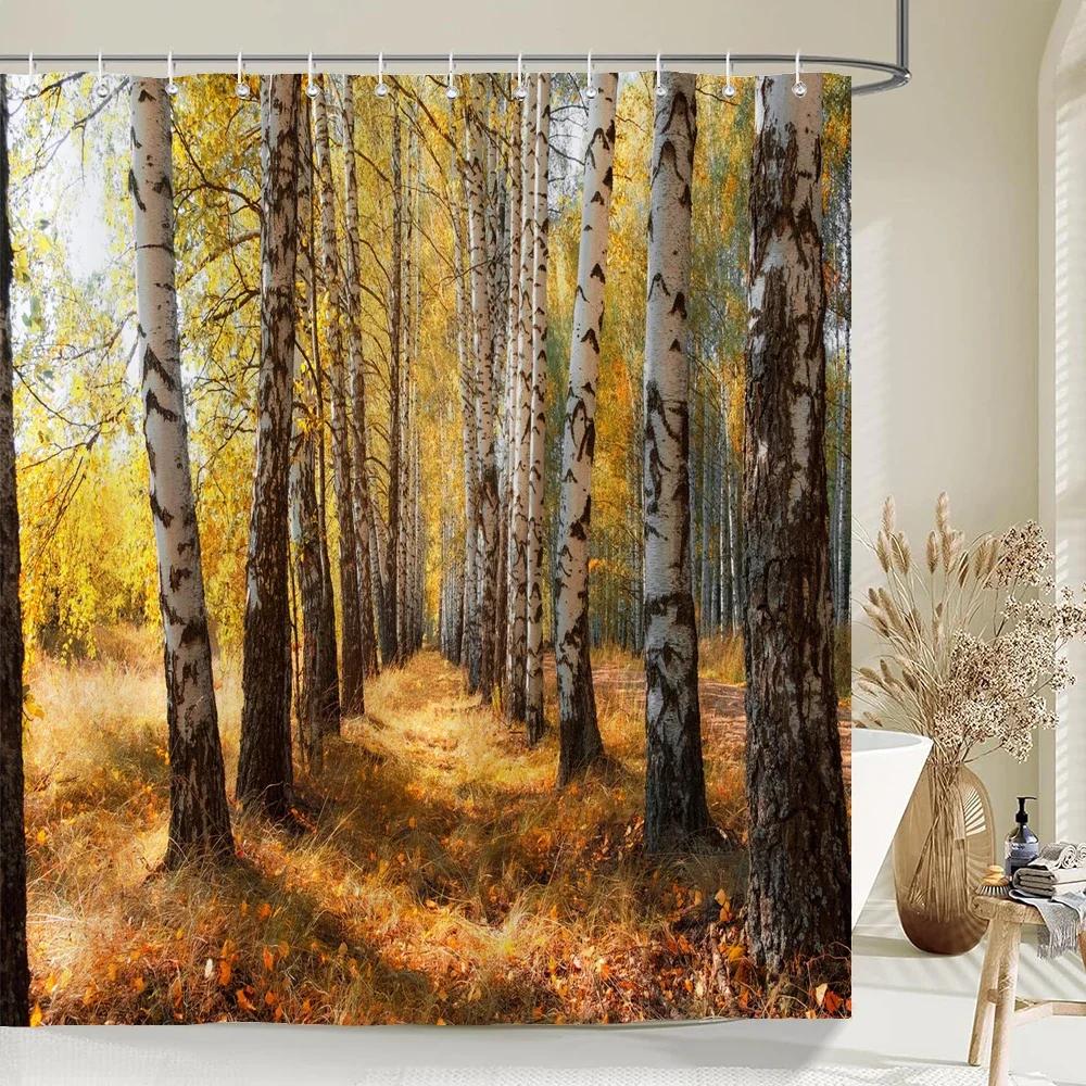 Hochwertiger Birkenwaldstoff Duschvorhang Wasserdicht Naturlandschaft Gedruckte Badevorhänge für Badezimmerdekor mit Haken