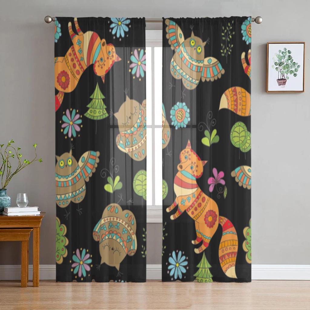 Animal Bird Fox Forest Winter Window Curtains for Living Room Kitchen Door Curtain Sheer Curtains for Bedroom