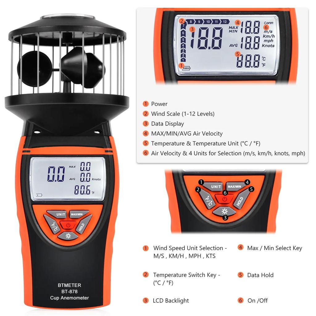 Digital Anemometer for Outdoor, Wind Cup Speed Meter BT-878 , High Accuracy Wind Gauge Measure Wind Velocity & Temperature