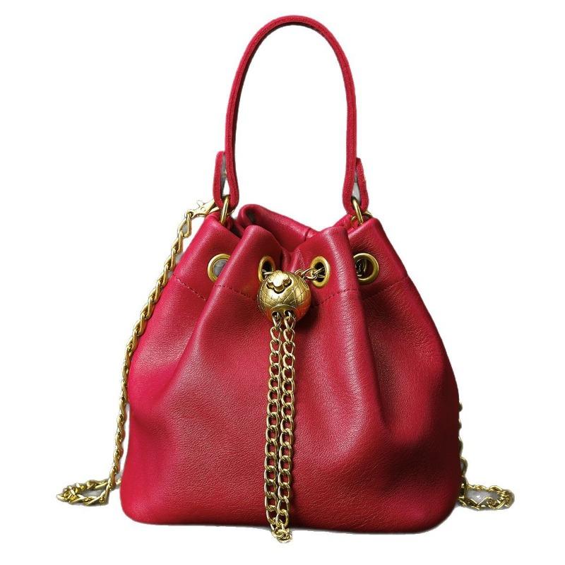 Top-grain Cowhide Ladies' Cosmetic Bag Casual Genuine Leather Bucket Bag Soft Cowhide Chain Bag