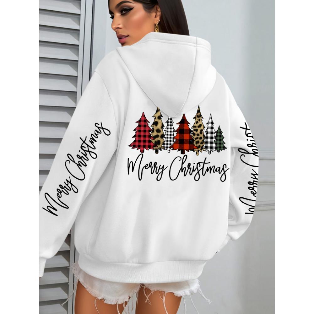 Merry Christmas Leopard Plaid Trees Prints Women Hoodies Loose Hoody All-Match Pocket Pullovers Autumn Hip Hop Streetwear