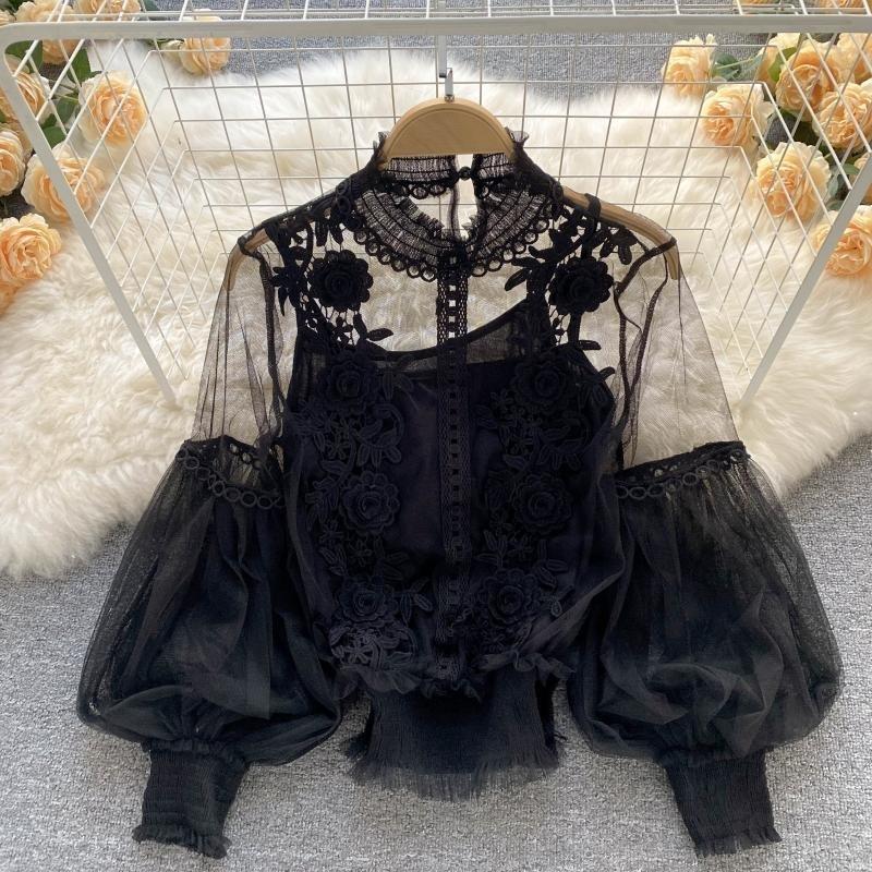 Qooth Autumn Sweet Flower Long Sleeved Lantern Sleeves Loose Lace Shirt  Mesh Top Short Shirt QT2697