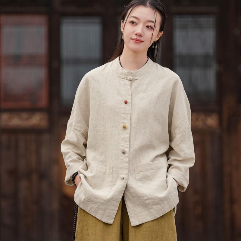 

Johnature Women Vintage Stand Long Sleeve Spring Button Loose Pockets Coats One Size бежевий