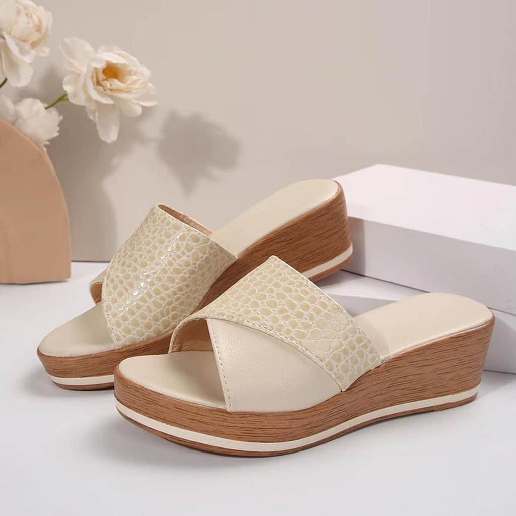 Large Size Stone Pattern Fish Mouth Thick Soled Slippers For Women Border Casual Outer Wear Wedge Heel Women S Shoes Sandals