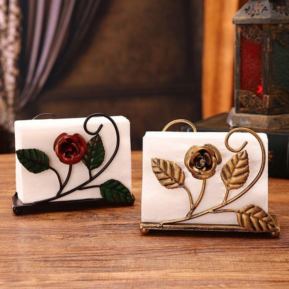 Rose Metal Napkin Holders Stable Hollowed-out Design Tissue Storage Rack Space Saving Rust-proof Vertical Napkin Dispenser