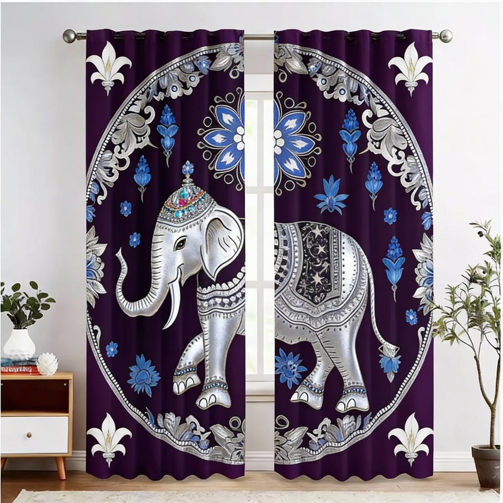 2 stuks Thaise Olifant Print Gordijnen - Levendig Bloemen- en Geometrisch Ontwerp, Verduisterend Stof, Stangzak Ophanging, Machinewasbaar