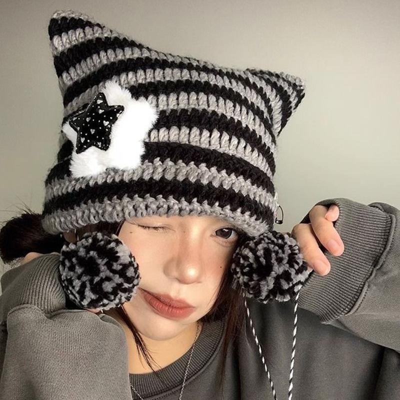 Cute Fashion Autumn Winter Cat Ears Hats For Women Girls Punk Striped Thickened Warm Cap Hairball Pendent Cold-Proof Hat Gifts