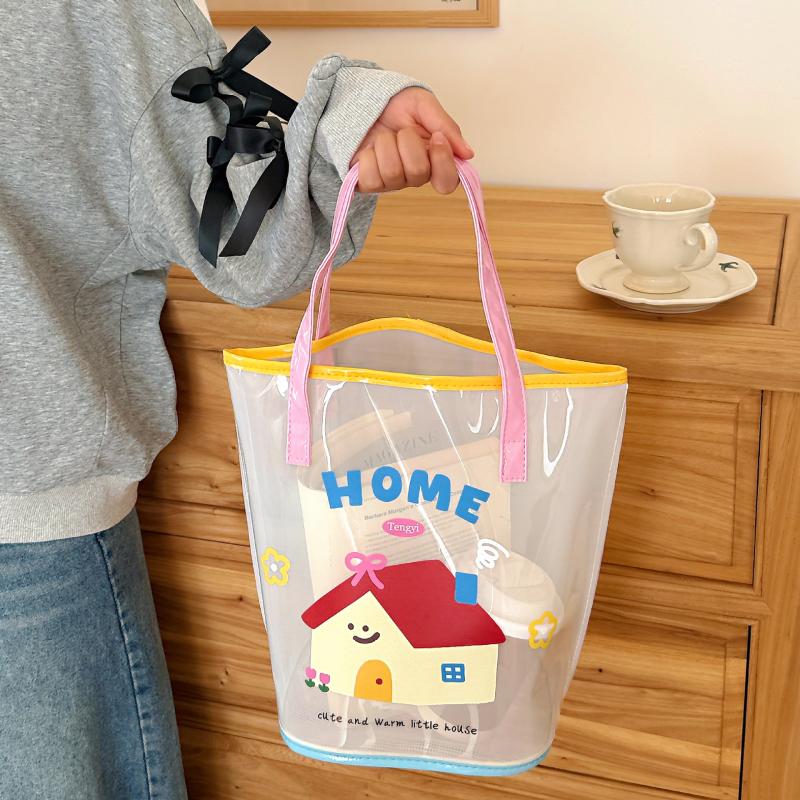 Jelly Beach Bag Waterproof Kawaii Print Pvc Storage Bag Transparent Travel Handbag Shoulder Bag Shopping Bag With Cute Pendant