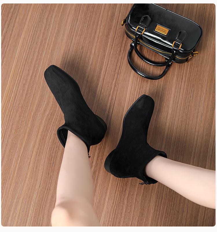 Grape Mom's Korean Retro Square Toe Suede Chunky Heel Martin Boots for Women - Height-Enhancing, Versatile Autumn/Winter Short Boots