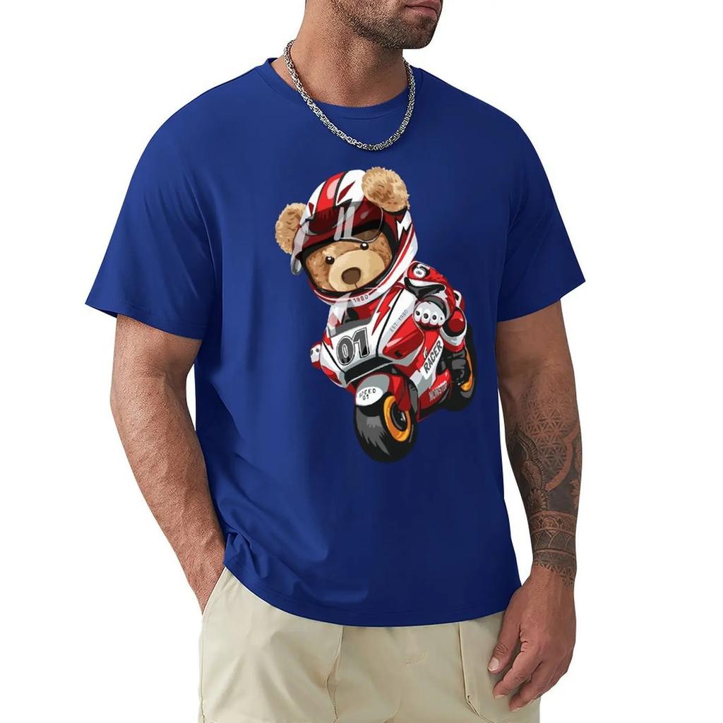 Teddy Bear Riding Racing Motorbike T Shirt Harajuku Short Sleeve T-shirt 100% Cotton Graphics Tshirt Tops