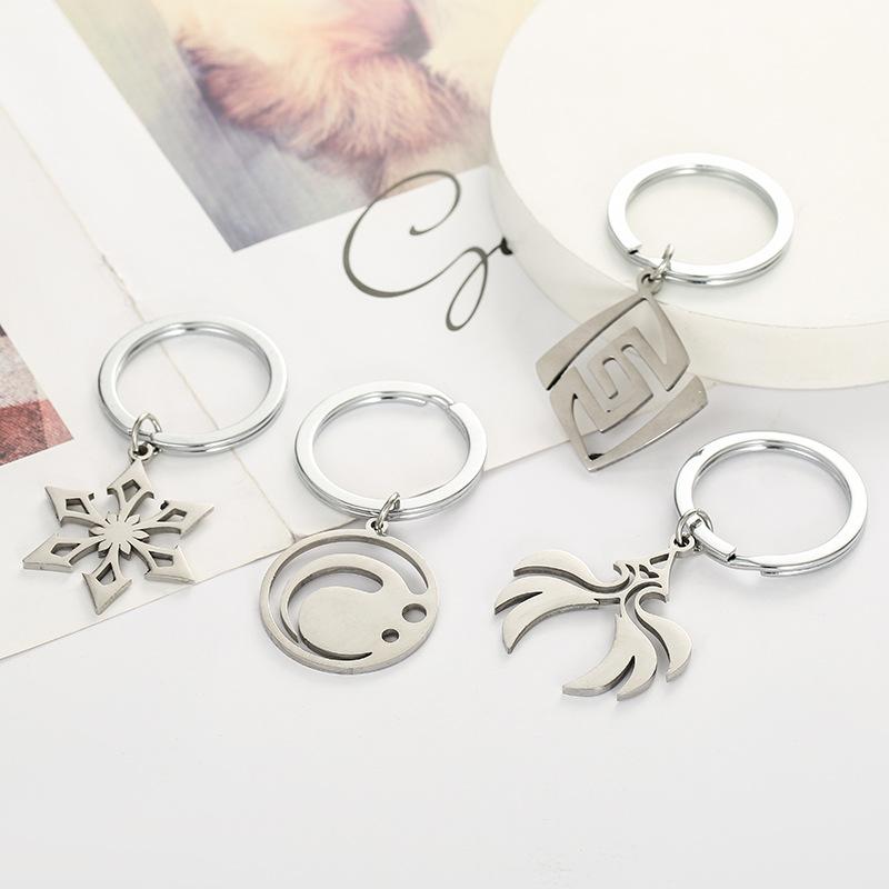 Stainless Steel Fire Rock Grass Ice Wind Water Thunder Keychain Schoolbag Backpack Accessories Genshin Impact Pendants Gifts