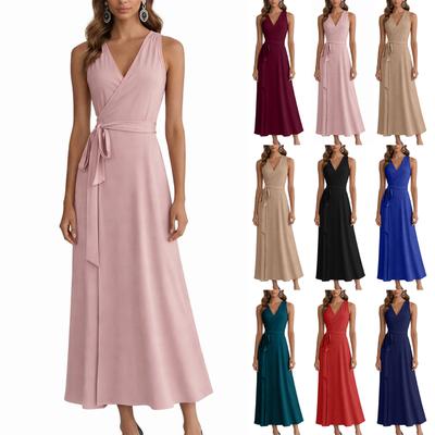 Vestido Casual Longo Feminino Colorido da Moda com Decote V e Renda Sem Mangas