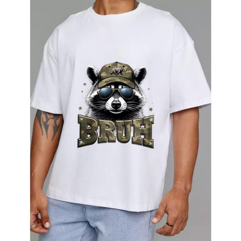 Cotton T Shirt White Raccoon Wearing Camouflage Hat and Sunglasses Bruh Text Print Casual Wear for Men and Women Outdoor Activities Streetwear Fashion