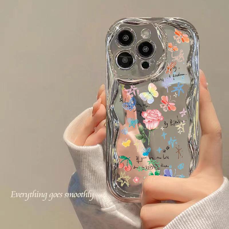 

Модный чехол для телефона с рисунком цветка и бабочки для iPhone 15 14 Pro Max 13 Pro 12 11, глянцевый мягкий TPU с волнообразной рамкой, защита объектива, противоударный чехол iPhone 15
