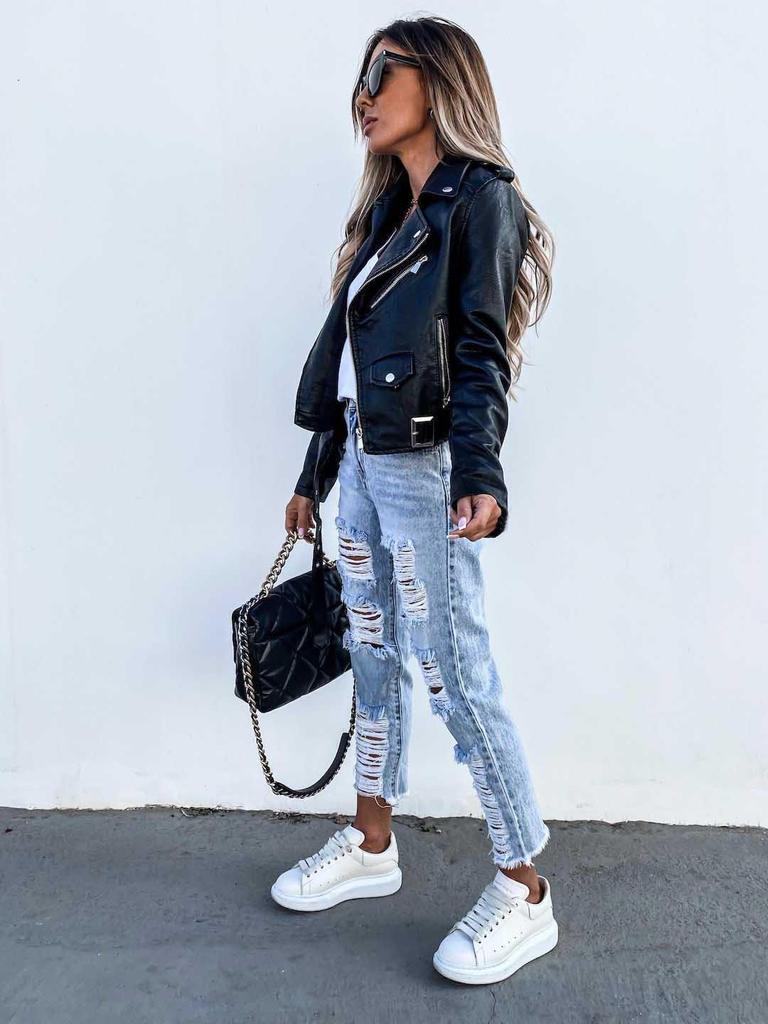 2025 Spring/Summer Women's PU Leather Motorcycle Jacket – Short Zipper Style
