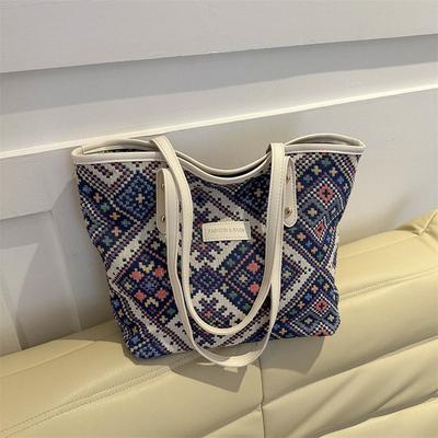 Summer National Canvas Large Capacity Bag for Women New Fashion One-shoulder Embroidered Thread Simple Tote Bag