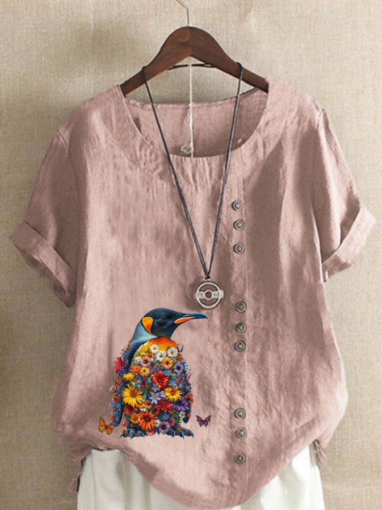Women's Fashion Penguin Floral Print Round Neck Short Sleeve T-shirt Casual Cotton Linen Graphic Shirt Leisure Loose Summer Blouse Tops