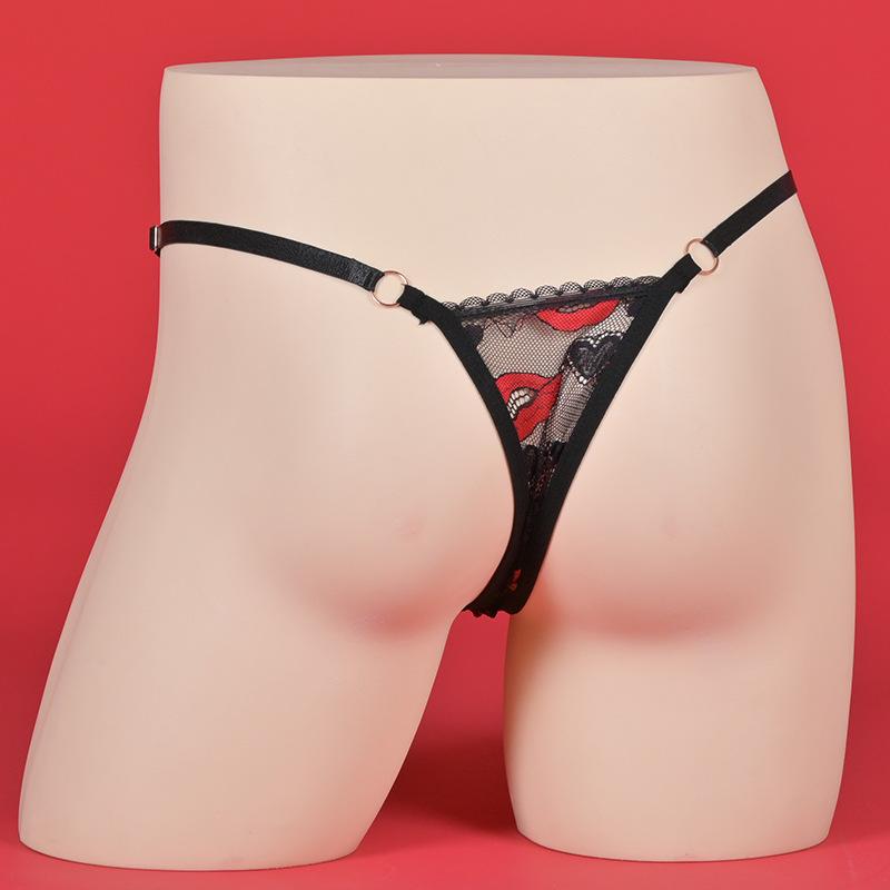 Couple Sexy Lace Fully Transparent Lingerie Underwear Lip Embroidery T-Back Thong Briefs Waist Adjust Gay Sissy Pouch Panties