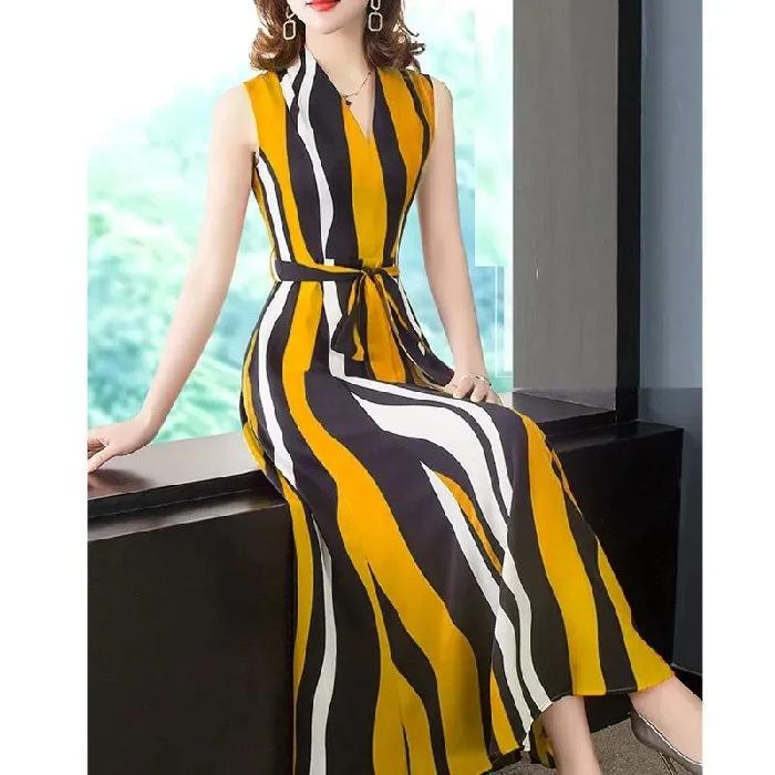 Summer New Bohemian Stripe Fashion Versatile Sleeveless Dress Women's Medium and Long Pendulum Bottom Dress