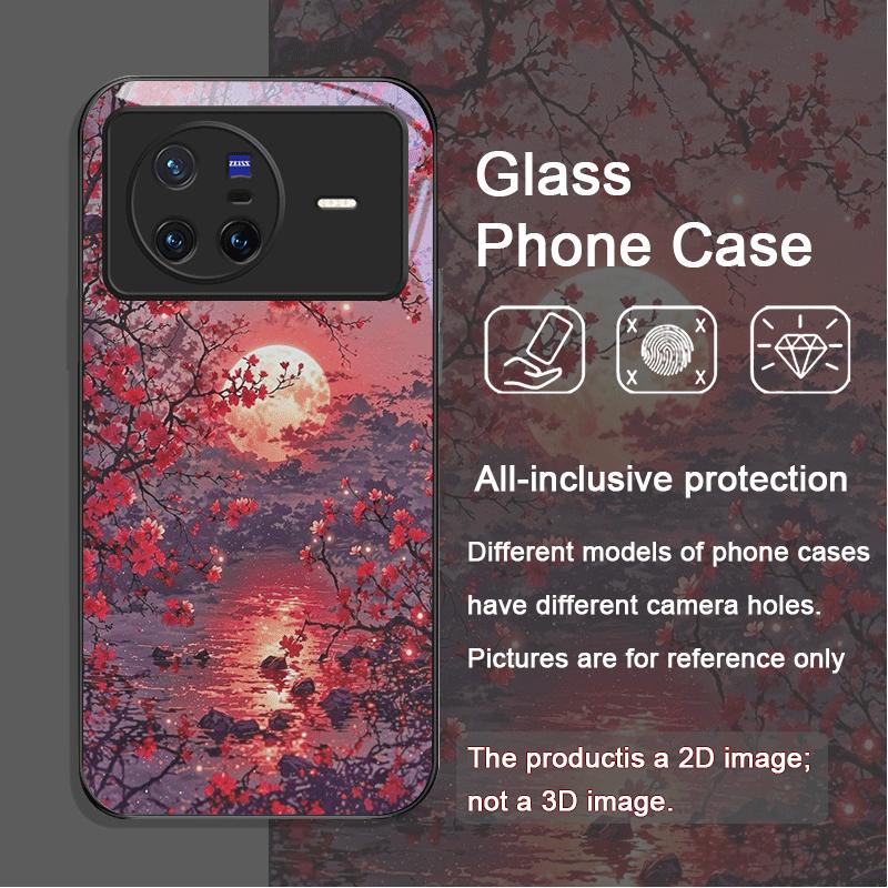 Moon Cherry Blossom Pattern Scenery Tempered Glass Phone Case for OPPO Reno 13 F 12 11 Pro 10 SE Find X3 Lite X5 A79 A58 Covers