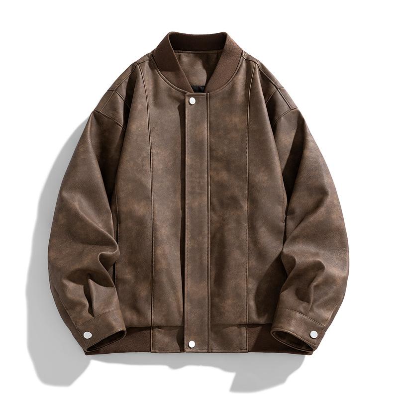Jacket Men's Spring Trend PU Men's Retro Baseball Collar Clothes Casual Men's Leather Jacket Solid Color Loose Jacket