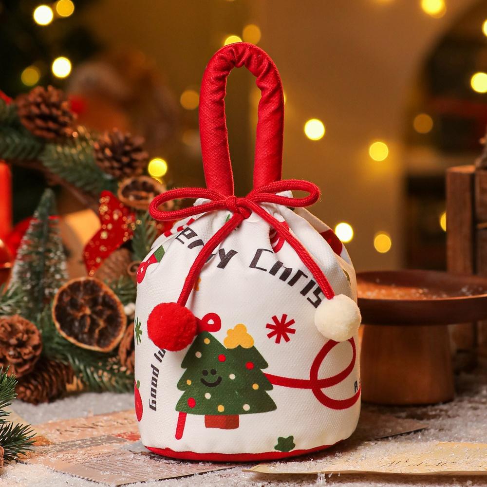 Christmas Gift Bags Cartoon Candy Bag with Bow Biscuits Apple Packaging Box Children's Drawstring Pouch Party Supplies Storage