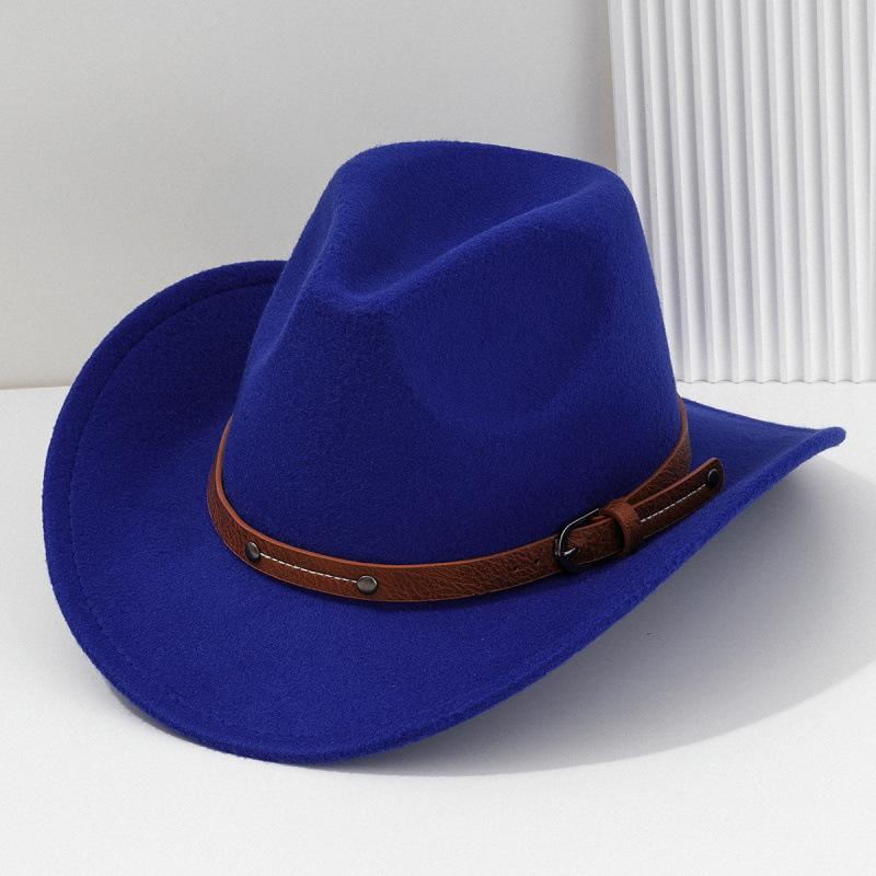 Western Cowboy Hat Men's and Women's Felt Top Hat Metal Rivet Leather Square Buckle Belt Hat Party Jazz Hat